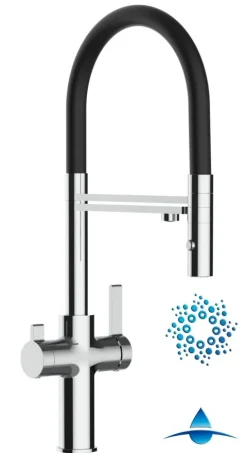 4 Wege Wasserhahn Küchenarmatur, FC, mit 360° schwenkbarem Auslauf, abnehmbare 2 strahl Handbrause, Verchromt / Schwarz