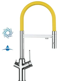 4 Wege Wasserhahn Küchenarmatur, BOD, mit 360° schwenkbarem Auslauf, abnehmbare 2 strahl Handbrause, Verchromt / Gelb