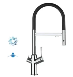 4 Wege Wasserhahn Küchenarmatur, BOD, mit 360° schwenkbarem Auslauf, abnehmbare 2 strahl Handbrause, Verchromt / Schwarz