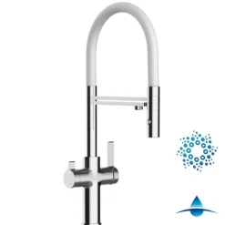 4 Wege Wasserhahn Küchenarmatur, FC, mit 360° schwenkbarem Auslauf, abnehmbare 2 strahl Handbrause, Verchromt / Weiß