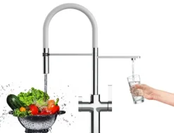 4 Wege Wasserhahn Küchenarmatur, FC, mit 360° schwenkbarem Auslauf, abnehmbare 2 strahl Handbrause, Verchromt / Weiß