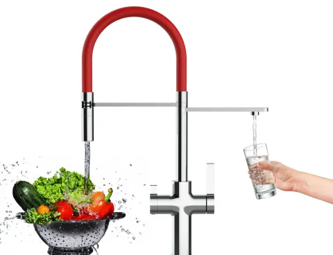 4 Wege Wasserhahn Küchenarmatur, FC, mit 360° schwenkbarem Auslauf, abnehmbare 2 strahl Handbrause, Verchromt / Rot