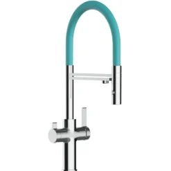 3 Wege Wasserhahn Küchenarmatur, FC, mit 360° schwenkbarem Auslauf, abnehmbare 2 strahl Handbrause, Verchromt / Türkis