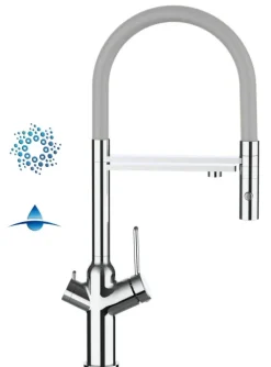 4 Wege Wasserhahn Küchenarmatur, BOD, mit 360° schwenkbarem Auslauf, abnehmbare 2 strahl Handbrause, Verchromt / Grau