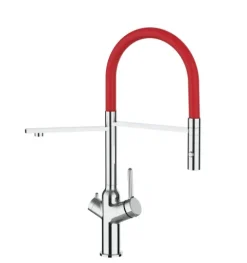 3 Wege Wasserhahn Küchenarmatur, BOD, mit 360° schwenkbarem Auslauf, abnehmbare 2 strahl Handbrause, Verchromt / Rot
