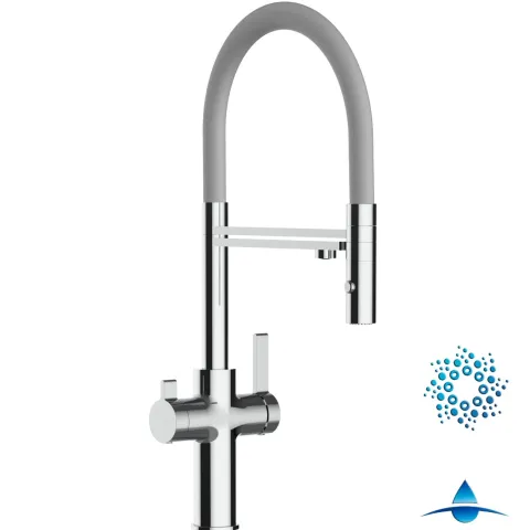 4 Wege Wasserhahn Küchenarmatur, FC, mit 360° schwenkbarem Auslauf, abnehmbare 2 strahl Handbrause, Verchromt / Grau