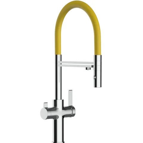 3 Wege Wasserhahn Küchenarmatur, FC, mit 360° schwenkbarem Auslauf, abnehmbare 2 strahl Handbrause, Verchromt / Gelb