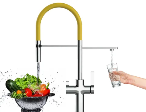 3 Wege Wasserhahn Küchenarmatur, FC, mit 360° schwenkbarem Auslauf, abnehmbare 2 strahl Handbrause, Verchromt / Gelb