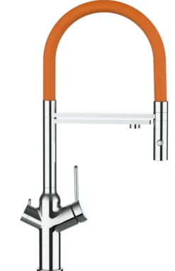 3 Wege Wasserhahn Küchenarmatur, BOD, mit 360° schwenkbarem Auslauf, abnehmbare 2 strahl Handbrause, Verchromt / Orange