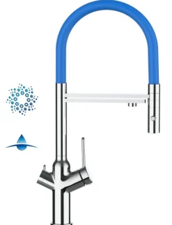 4 Wege Wasserhahn Küchenarmatur, BOD, mit 360° schwenkbarem Auslauf, abnehmbare 2 strahl Handbrause, Verchromt / Blau