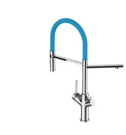 3 Wege Wasserhahn Küchenarmatur, BOD, mit 360° schwenkbarem Auslauf, abnehmbare 2 strahl Handbrause, Verchromt / Hellblau