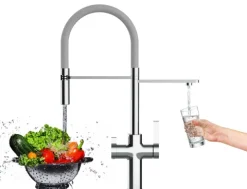 3 Wege Wasserhahn Küchenarmatur, FC, mit 360° schwenkbarem Auslauf, abnehmbare 2 strahl Handbrause, Verchromt / Grau