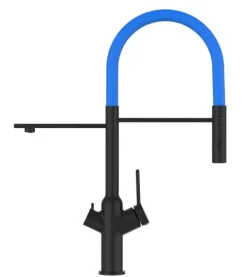 3 Wege Wasserhahn Küchenarmatur, BOD, mit 360° schwenkbarem Auslauf, abnehmbare 2 strahl Handbrause, Schwarz Matt / Hellblau