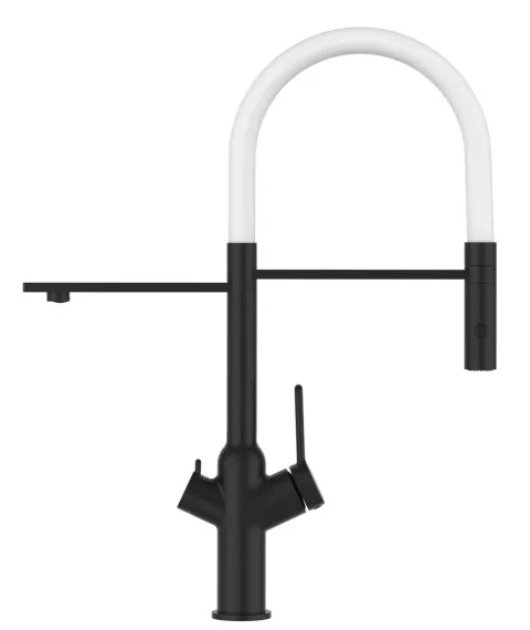3 Wege Wasserhahn Küchenarmatur, BOD, mit 360° schwenkbarem Auslauf, abnehmbare 2 strahl Handbrause, Schwarz Matt / Weiß