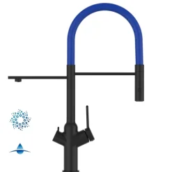 4 Wege Wasserhahn Küchenarmatur, BOD, mit 360° schwenkbarem Auslauf, abnehmbare 2 strahl Handbrause, Schwarz Matt / Blau