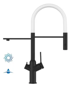 4 Wege Wasserhahn Küchenarmatur, BOD, mit 360° schwenkbarem Auslauf, abnehmbare 2 strahl Handbrause, Schwarz Matt / Weiß