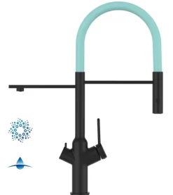 4 Wege Wasserhahn Küchenarmatur, BOD, mit 360° schwenkbarem Auslauf, abnehmbare 2 strahl Handbrause, Schwarz Matt / Türkis