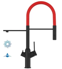 4 Wege Wasserhahn Küchenarmatur, BOD, mit 360° schwenkbarem Auslauf, abnehmbare 2 strahl Handbrause, Schwarz Matt / Rot