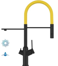 4 Wege Wasserhahn Küchenarmatur, BOD, mit 360° schwenkbarem Auslauf, abnehmbare 2 strahl Handbrause, Schwarz Matt / Gelb