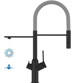 4 Wege Wasserhahn Küchenarmatur, BOD, mit 360° schwenkbarem Auslauf, abnehmbare 2 strahl Handbrause, Schwarz Matt / Grau