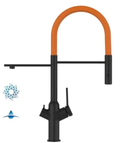 4 Wege Wasserhahn Küchenarmatur, BOD, mit 360° schwenkbarem Auslauf, abnehmbare 2 strahl Handbrause, Schwarz Matt / Orange