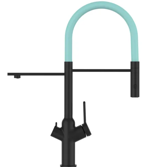 3 Wege Wasserhahn Küchenarmatur, BOD, mit 360° schwenkbarem Auslauf, abnehmbare 2 strahl Handbrause, Schwarz Matt / Türkis