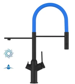 4 Wege Wasserhahn Küchenarmatur, BOD, mit 360° schwenkbarem Auslauf, abnehmbare 2 strahl Handbrause, Schwarz Matt / Hellblau