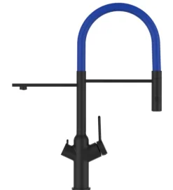 3 Wege Wasserhahn Küchenarmatur, BOD, mit 360° schwenkbarem Auslauf, abnehmbare 2 strahl Handbrause, Schwarz Matt / Blau
