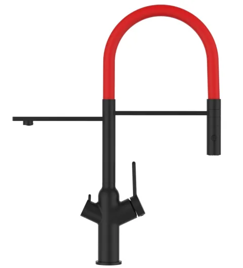 3 Wege Wasserhahn Küchenarmatur, BOD, mit 360° schwenkbarem Auslauf, abnehmbare 2 strahl Handbrause, Schwarz Matt / Rot