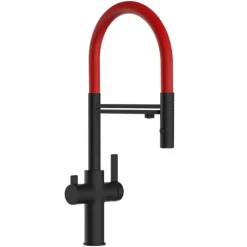 3 Wege Wasserhahn Küchenarmatur, FC, mit 360° schwenkbarem Auslauf, abnehmbare 2 strahl Handbrause, Schwarz Matt / Rot