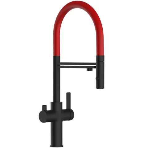 3 Wege Wasserhahn Küchenarmatur, FC, mit 360° schwenkbarem Auslauf, abnehmbare 2 strahl Handbrause, Schwarz Matt / Rot