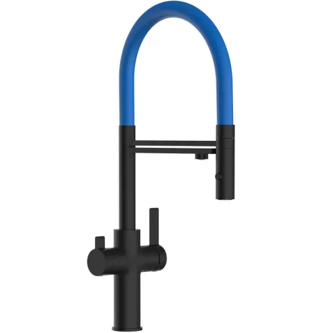 3 Wege Wasserhahn Küchenarmatur, FC, mit 360° schwenkbarem Auslauf, abnehmbare 2 strahl Handbrause, Schwarz Matt / Blau