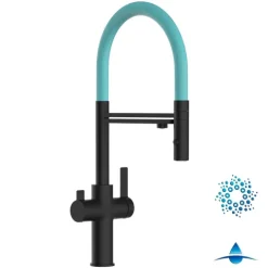 4 Wege Wasserhahn Küchenarmatur, FC, mit 360° schwenkbarem Auslauf, abnehmbare 2 strahl Handbrause, Schwarz Matt / Türkis