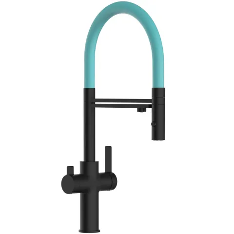 3 Wege Wasserhahn Küchenarmatur, FC, mit 360° schwenkbarem Auslauf, abnehmbare 2 strahl Handbrause, Schwarz Matt / Türkis