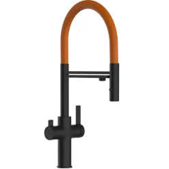 3 Wege Wasserhahn Küchenarmatur, FC, mit 360° schwenkbarem Auslauf, abnehmbare 2 strahl Handbrause, Schwarz Matt / Orange