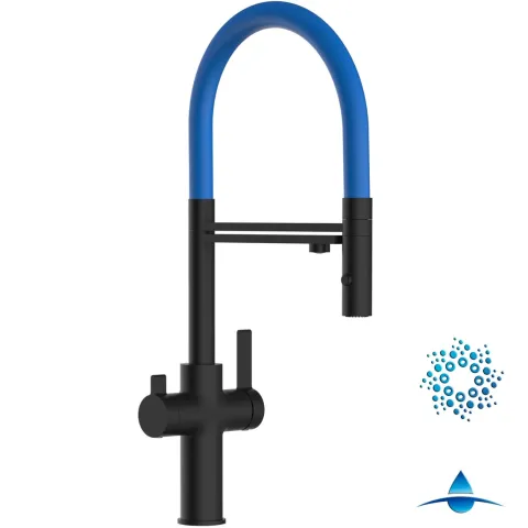 4 Wege Wasserhahn Küchenarmatur, FC, mit 360° schwenkbarem Auslauf, abnehmbare 2 strahl Handbrause, Schwarz Matt / Blau