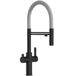 3 Wege Wasserhahn Küchenarmatur, FC, mit 360° schwenkbarem Auslauf, abnehmbare 2 strahl Handbrause, Schwarz Matt / Grau