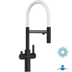 4 Wege Wasserhahn Küchenarmatur, FC, mit 360° schwenkbarem Auslauf, abnehmbare 2 strahl Handbrause, Schwarz Matt / Weiß