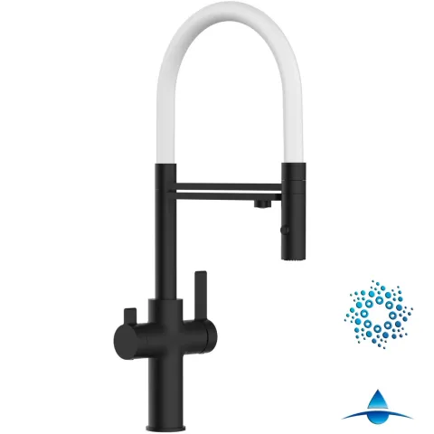4 Wege Wasserhahn Küchenarmatur, FC, mit 360° schwenkbarem Auslauf, abnehmbare 2 strahl Handbrause, Schwarz Matt / Weiß
