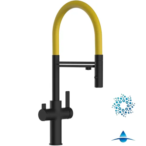 4 Wege Wasserhahn Küchenarmatur, FC, mit 360° schwenkbarem Auslauf, abnehmbare 2 strahl Handbrause, Schwarz Matt / Gelb