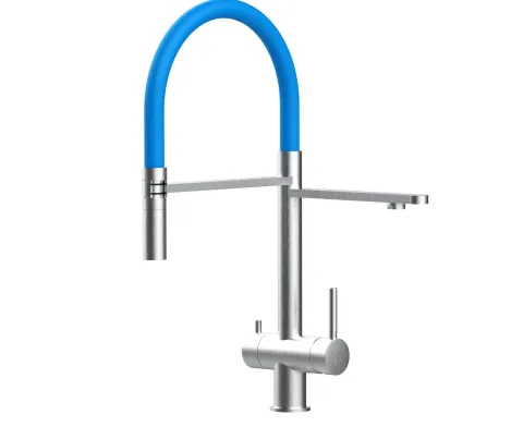 3 Wege Wasserhahn Küchenarmatur, Edelstahl Massiv mit 360° schwenkbarem Auslauf, abnehmbare 2 strahl Handbrause, Gebürstet / Hellblau