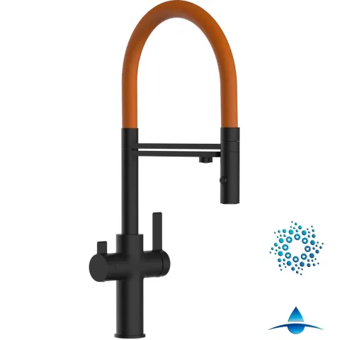 4 Wege Wasserhahn Küchenarmatur, FC, mit 360° schwenkbarem Auslauf, abnehmbare 2 strahl Handbrause, Schwarz Matt / Orange