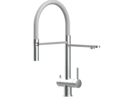 3 Wege Wasserhahn Küchenarmatur, Edelstahl Massiv mit 360° schwenkbarem Auslauf, abnehmbare 2 strahl Handbrause, Gebürstet / Grau