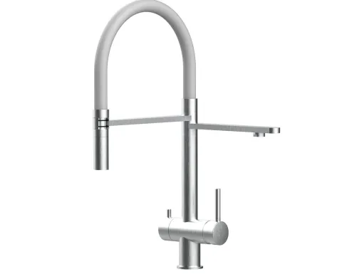 3 Wege Wasserhahn Küchenarmatur, Edelstahl Massiv mit 360° schwenkbarem Auslauf, abnehmbare 2 strahl Handbrause, Gebürstet / Grau