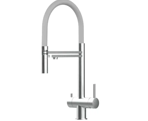 3 Wege Wasserhahn Küchenarmatur, Edelstahl Massiv mit 360° schwenkbarem Auslauf, abnehmbare 2 strahl Handbrause, Gebürstet / Grau