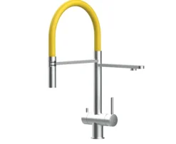 3 Wege Wasserhahn Küchenarmatur, Edelstahl Massiv mit 360° schwenkbarem Auslauf, abnehmbare 2 strahl Handbrause, Gebürstet / Gelb