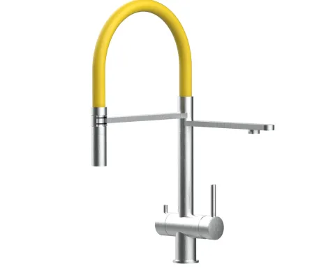 3 Wege Wasserhahn Küchenarmatur, Edelstahl Massiv mit 360° schwenkbarem Auslauf, abnehmbare 2 strahl Handbrause, Gebürstet / Gelb