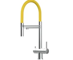 3 Wege Wasserhahn Küchenarmatur, Edelstahl Massiv mit 360° schwenkbarem Auslauf, abnehmbare 2 strahl Handbrause, Gebürstet / Gelb