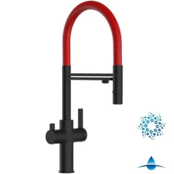 4 Wege Wasserhahn Küchenarmatur, FC, mit 360° schwenkbarem Auslauf, abnehmbare 2 strahl Handbrause, Schwarz Matt / Rot