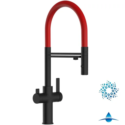 4 Wege Wasserhahn Küchenarmatur, FC, mit 360° schwenkbarem Auslauf, abnehmbare 2 strahl Handbrause, Schwarz Matt / Rot